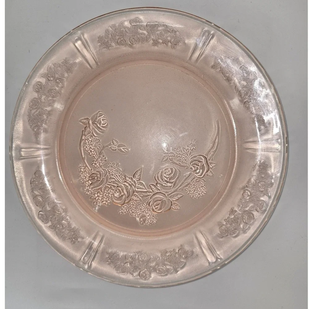 Vintage Pink Depression Glass Dinner Plate Rose Garden‎ Floral Etched 9 Inch